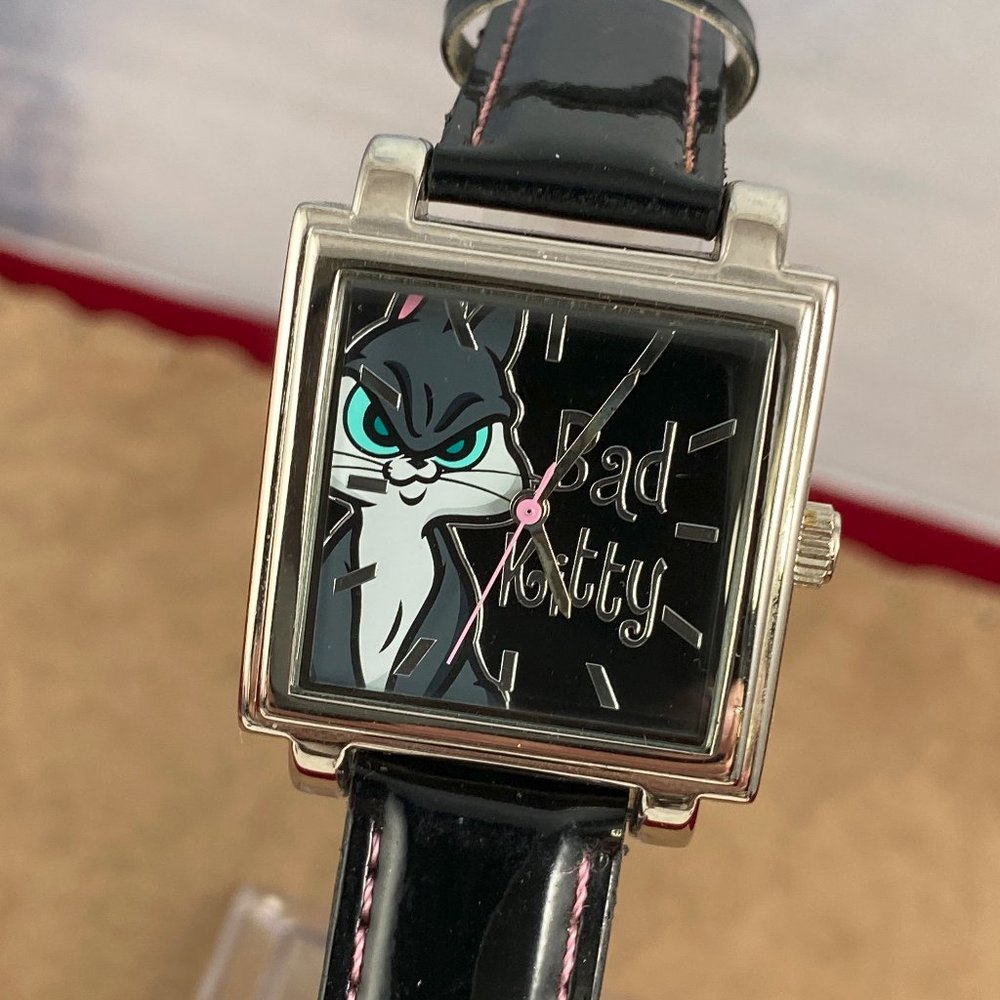Bad Kitty Watch Silver Case Silver Hour Hands Pink Second Hand 8 inch Strap Cat